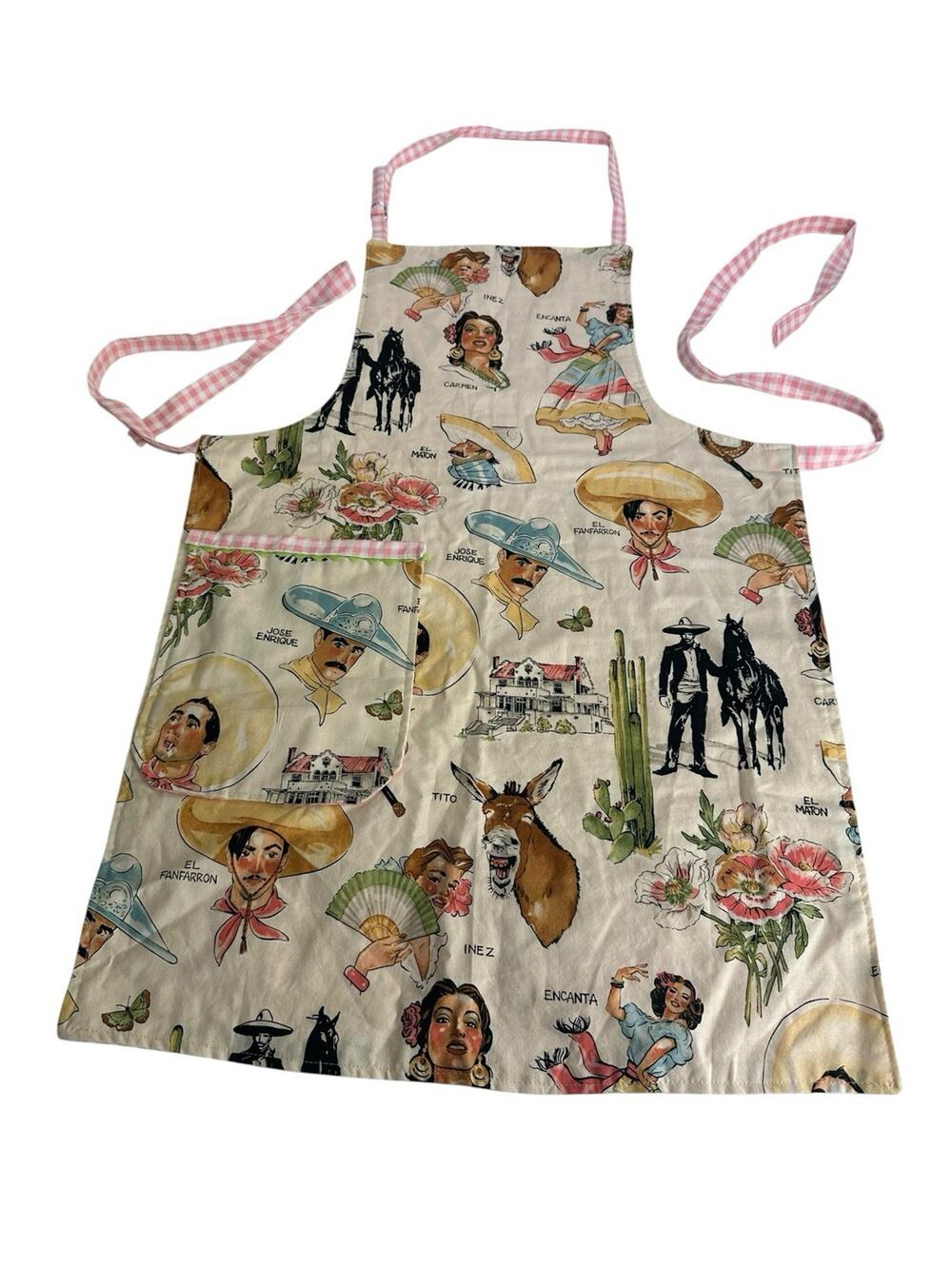 Vintage Mexican Theme Apron Senorita Donkey Cactus Novelty Print Retro Kitchen